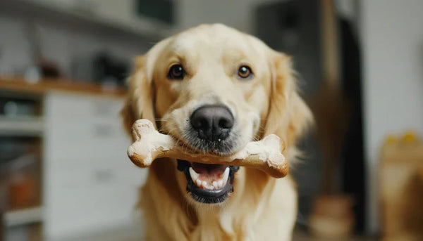 Golden retriever segurando osso de brinquedo na boca