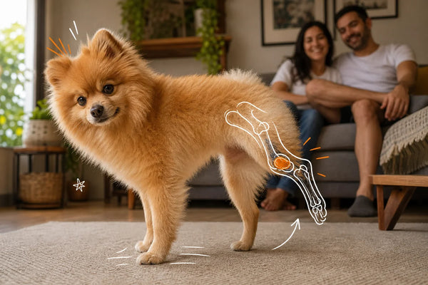 Spitz alemão com uma pata traseira erguida e a patela do joelho em destaque