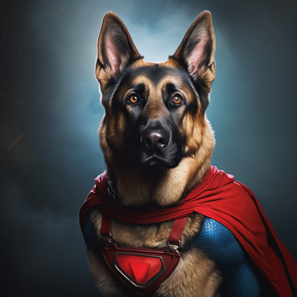 Ilustração de pastor alemão com capa de super-herói