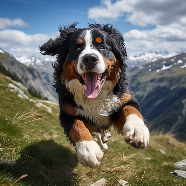 Bernese correndo na grama em montanha
