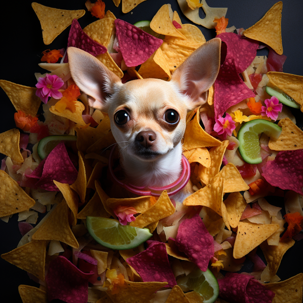 Ilustração de chihuahua cercado de nachos e flores