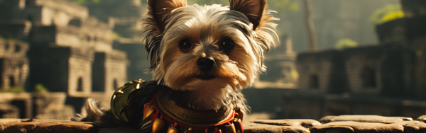 Yorkshire terrier olhando para a câmera em cenário de ruínas
