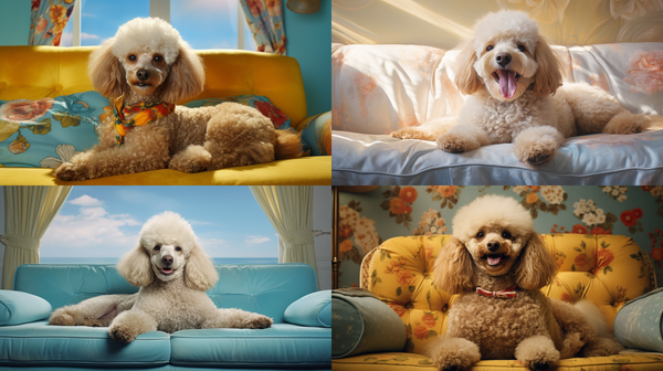Quatro cenas de poodles deitados em sofás coloridos