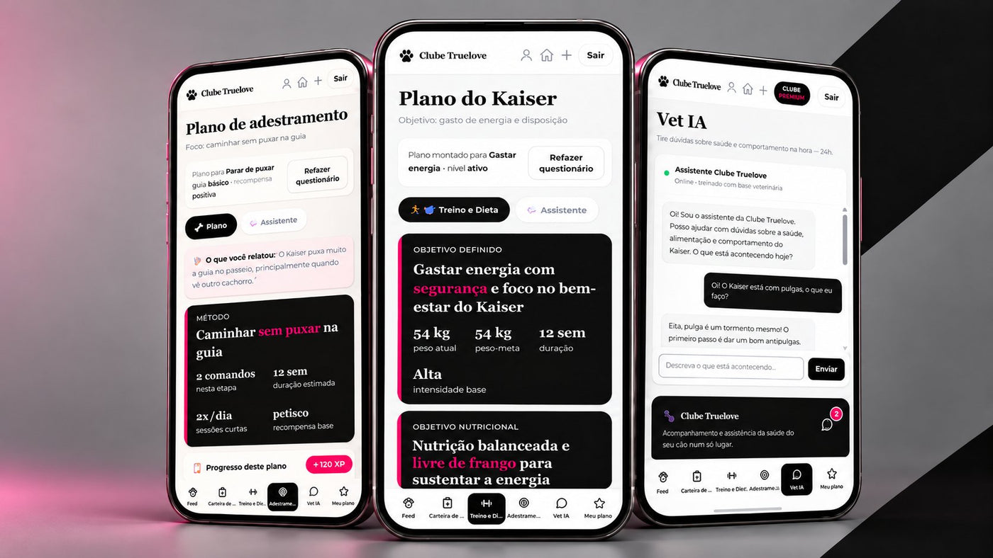Três celulares com as telas de adestramento, treino e dieta e Vet IA do app Clube Truelove