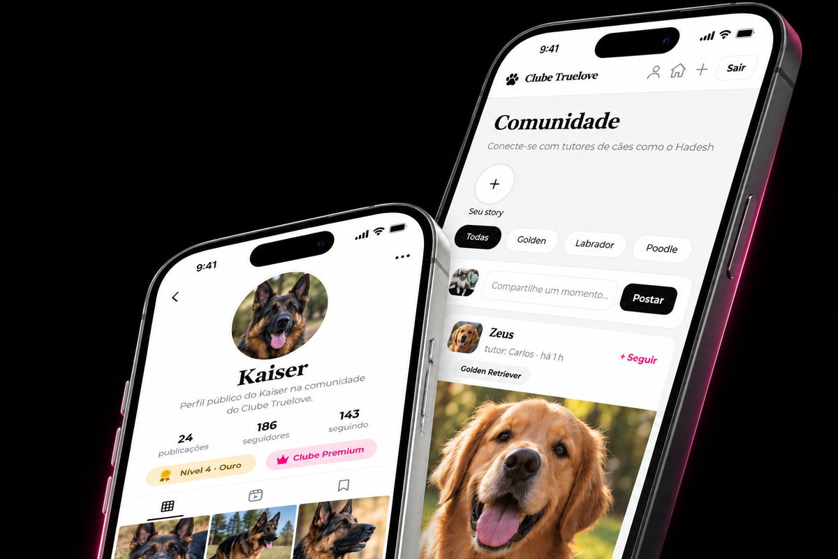 Dois celulares com o perfil do Kaiser e o feed da comunidade do app Clube Truelove